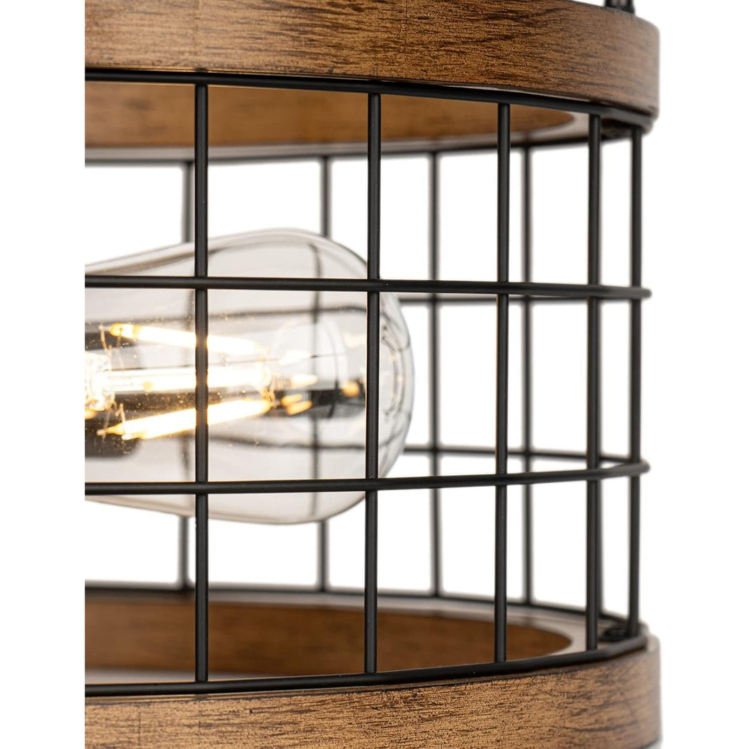 2 - Light Farmhouse Semi Flush Mount Ceiling Light Fixture, Rustic Drum Wood Ceiling Lamp for Hallway Kitchen Entryway Foyer Bedroom Laundry Room, Nature Wood Texture and Black Metal Fence Finish - Just Closeouts Canada Inc.