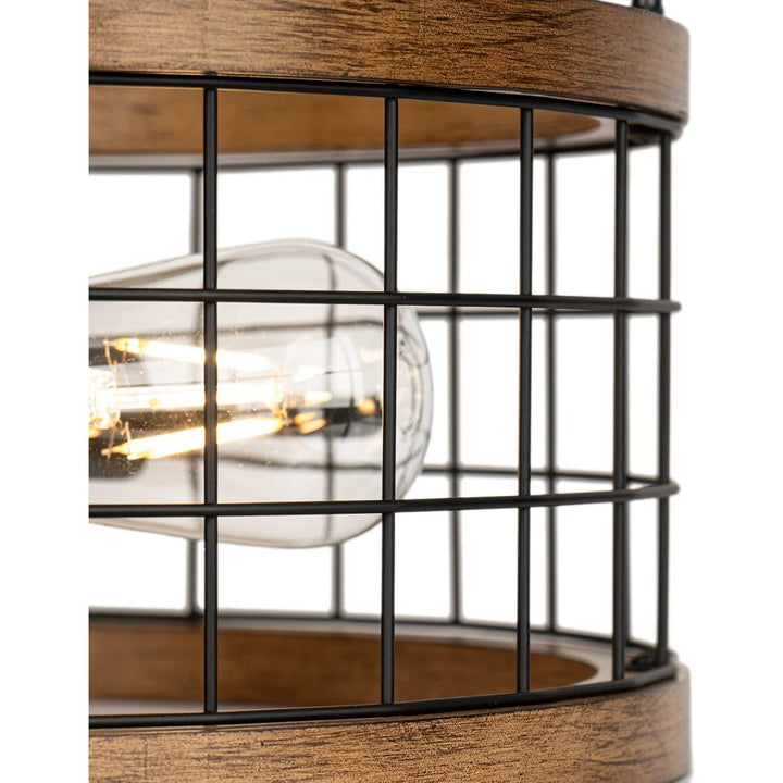2 - Light Farmhouse Semi Flush Mount Ceiling Light Fixture, Rustic Drum Wood Ceiling Lamp for Hallway Kitchen Entryway Foyer Bedroom Laundry Room, Nature Wood Texture and Black Metal Fence Finish - Just Closeouts Canada Inc.