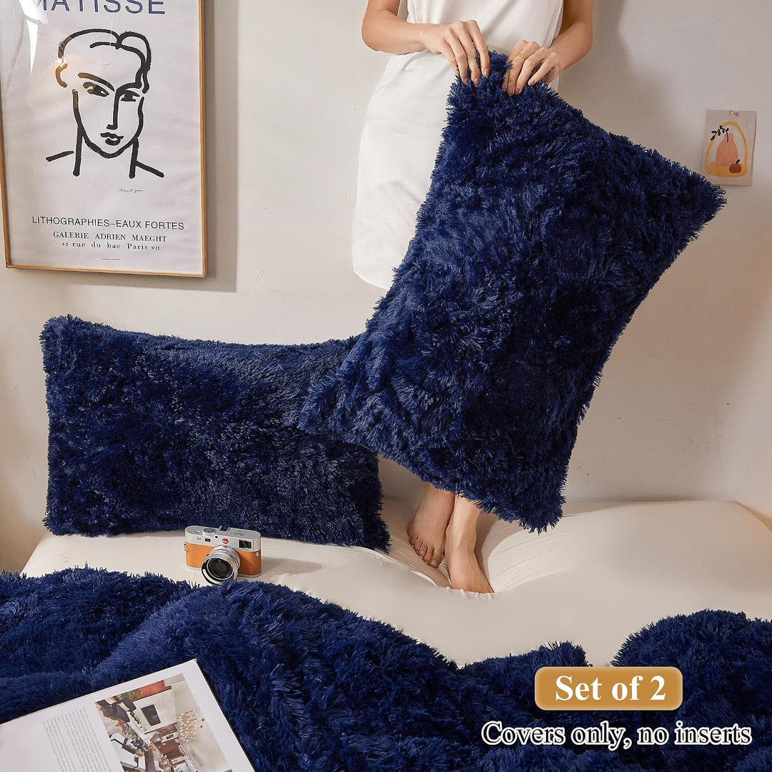 2 Navy Blue Faux Fur Standard Pillowcases, 20 × 26 in - Just Closeouts Canada Inc.X002CLW1M1