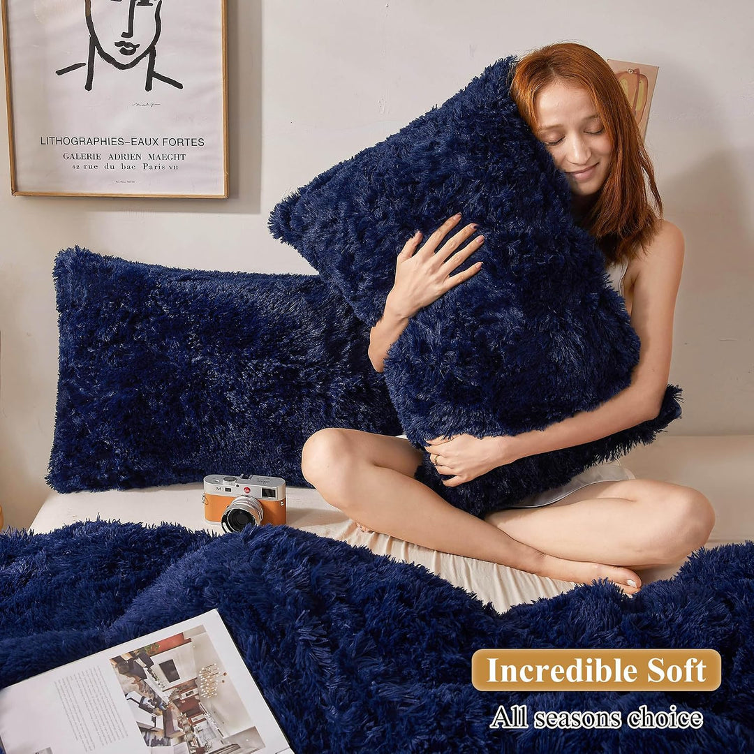2 Navy Blue Faux Fur Standard Pillowcases, 20 × 26 in - Just Closeouts Canada Inc.X002CLW1M1