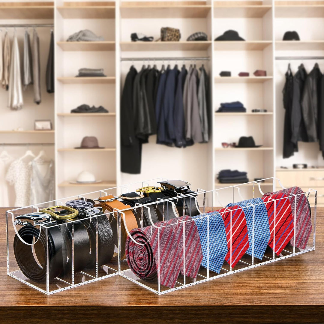 2 Pack Belt Organizer, 7 Compartments Acrylic Belt Storage Holder Clear Storage Display Case for Closet Drawer Tie Watches Jewelry Makeup - Just Closeouts Canada Inc.
