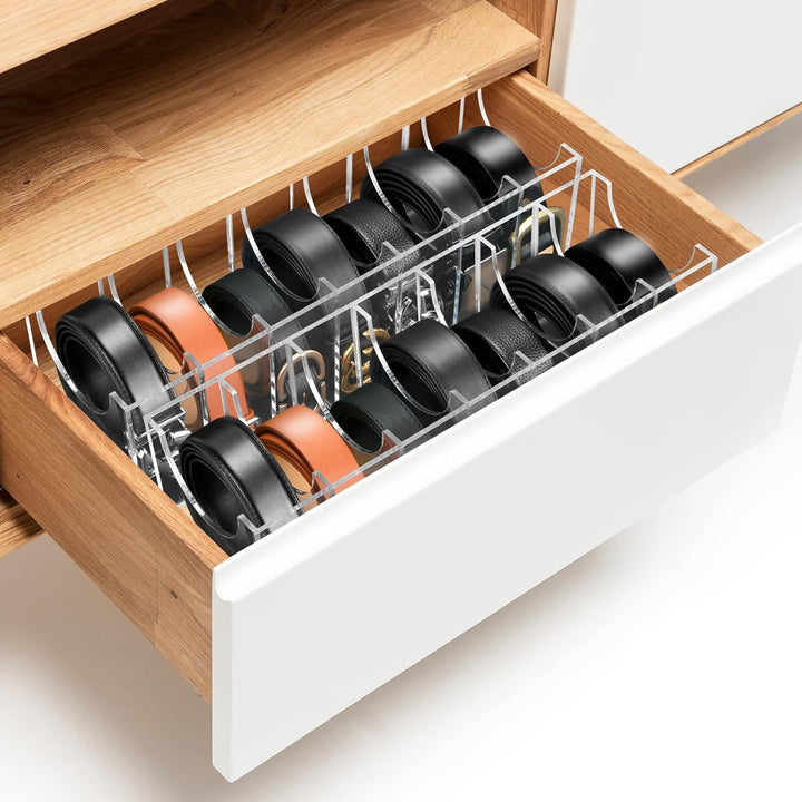 2 Pack Belt Organizer, 7 Compartments Acrylic Belt Storage Holder Clear Storage Display Case for Closet Drawer Tie Watches Jewelry Makeup - Just Closeouts Canada Inc.