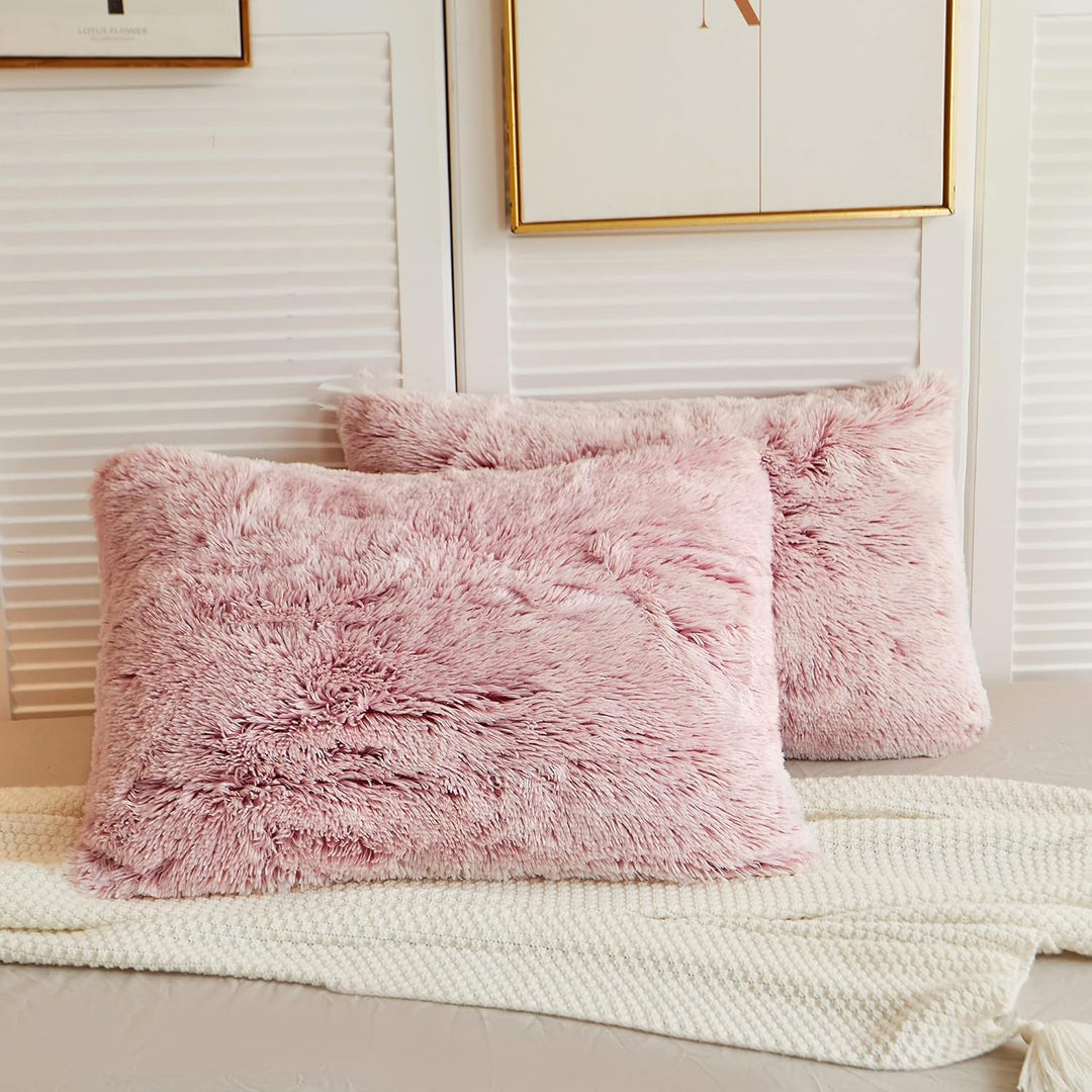 2 Pack Faux Fur Pillow Shams, Shaggy Plush Home Decorative Luxury Series Super Soft Furry Pillow Case with Zipper Closure for Home Sofa Couch Decoration,Standard Queen(Ombre Old Pink,20"x26") - Just Closeouts Canada Inc.