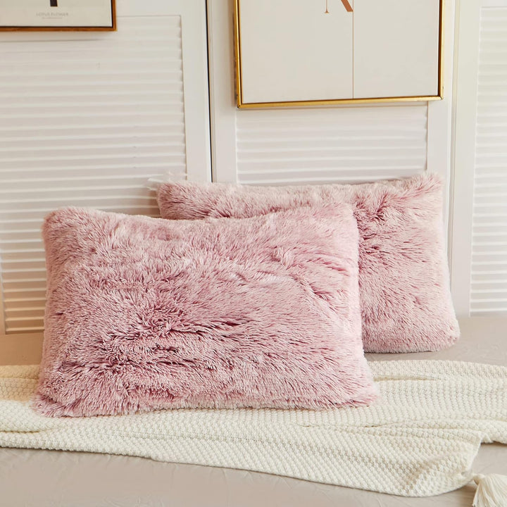 2 Pack Faux Fur Pillow Shams, Shaggy Plush Home Decorative Luxury Series Super Soft Furry Pillow Case with Zipper Closure for Home Sofa Couch Decoration,Standard Queen(Ombre Old Pink,20"x26") - Just Closeouts Canada Inc.