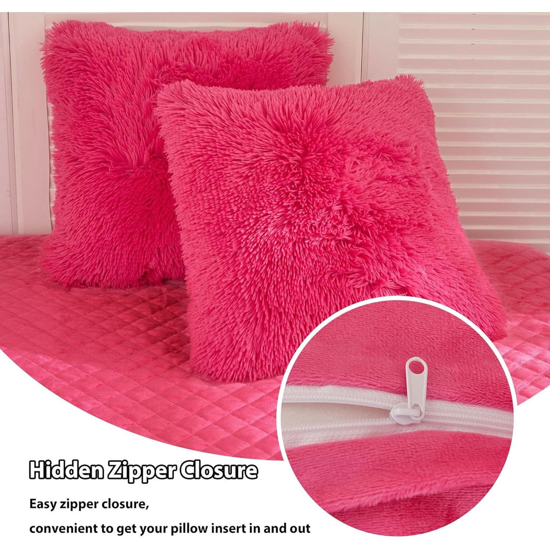 2 Pack Fluffy Faux Fur Pillow Shams,18 x 18 Inches Throw Pillow Covers, Luxury Decorative Furry Pillowcases Cushion Cover for Christmas,Zipper Closure,No Pillow Insert,Hot Pink - Just Closeouts Canada Inc.