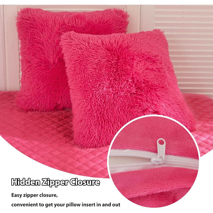 2 Pack Fluffy Faux Fur Pillow Shams,18 x 18 Inches Throw Pillow Covers, Luxury Decorative Furry Pillowcases Cushion Cover for Christmas,Zipper Closure,No Pillow Insert,Hot Pink - Just Closeouts Canada Inc.