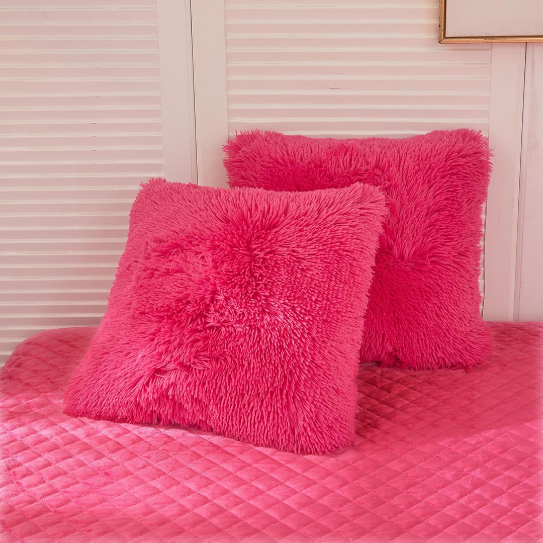 2 Pack Fluffy Faux Fur Pillow Shams,18 x 18 Inches Throw Pillow Covers, Luxury Decorative Furry Pillowcases Cushion Cover for Christmas,Zipper Closure,No Pillow Insert,Hot Pink - Just Closeouts Canada Inc.