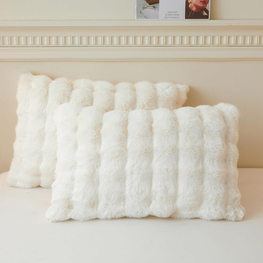 2 Pack Fluffy Faux Rabbit Fur Pillow Cases, Luxury Soft Plush Shaggy Bubble Pillowcases Standard Size with Zipper Closure, Furry Fuzzy Ivory Long Pillow Shams Bedroom Living Room 20x26, Beige - Just Closeouts Canada Inc.