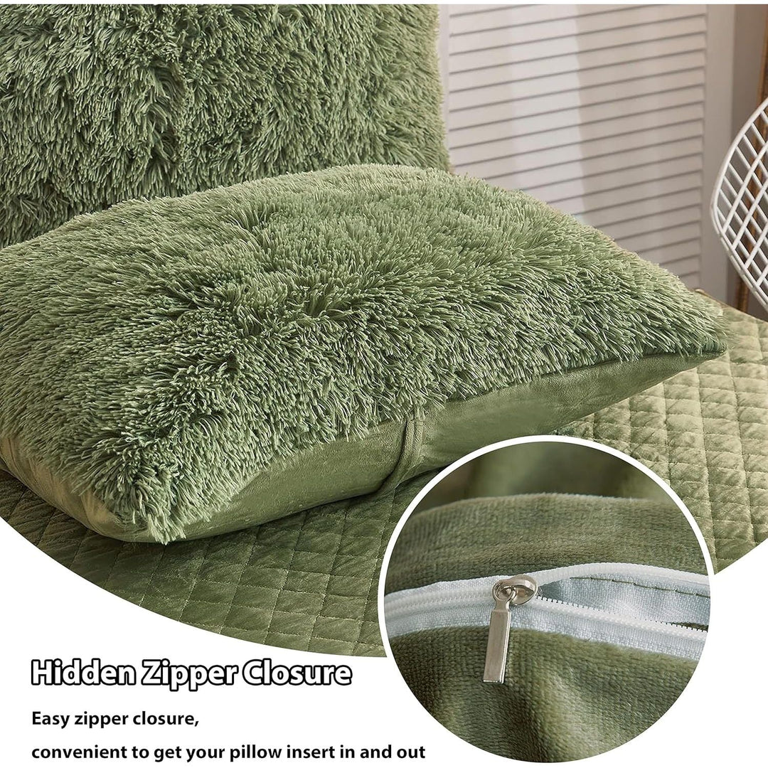 2 Pack Shaggy Plush Faux Fur Pillow Shams Velvet Reverse, Decorative Throw Pillow Covers, Fluffy Pillowcases Zipper Closure for Couch,Sofa,Bed King(Sage Green,20"x26") - Just Closeouts Canada Inc.