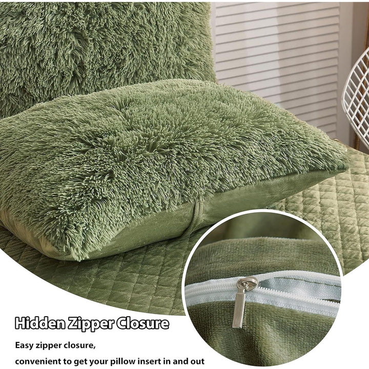 2 Pack Shaggy Plush Faux Fur Pillow Shams Velvet Reverse, Decorative Throw Pillow Covers, Fluffy Pillowcases Zipper Closure for Couch,Sofa,Bed King(Sage Green,20"x26") - Just Closeouts Canada Inc.