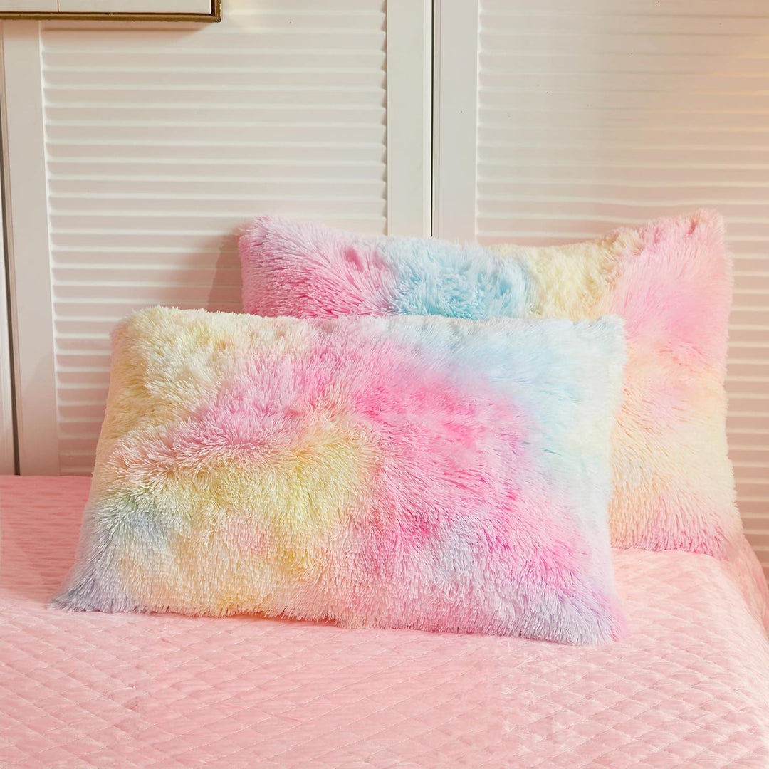 2 Pack Shaggy Plush Faux Fur Pillow Shams,Decorative Throw Pillow Covers,Velvety Soft Marble Print Furry Cushion Case,Luxury Pillowcases with Zipper Closure (Rainbow Colorful,20"x26") - Just Closeouts Canada Inc.