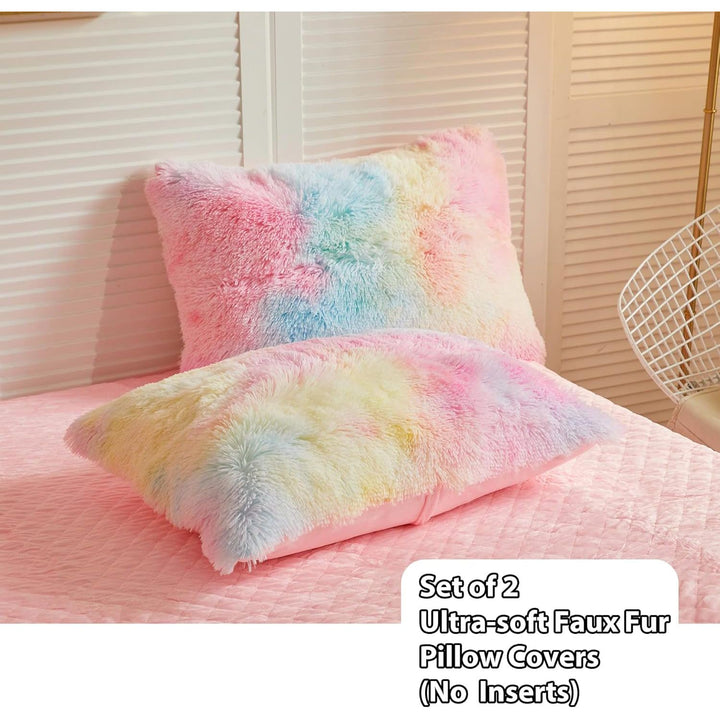 2 Pack Shaggy Plush Faux Fur Pillow Shams,Decorative Throw Pillow Covers,Velvety Soft Marble Print Furry Cushion Case,Luxury Pillowcases with Zipper Closure (Rainbow Colorful,20"x26") - Just Closeouts Canada Inc.