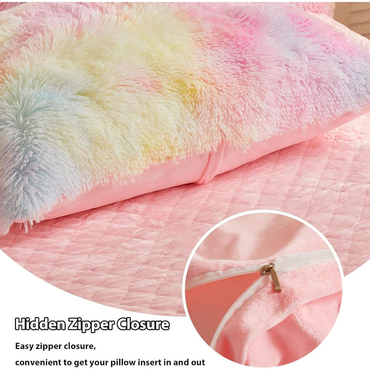 2 Pack Shaggy Plush Faux Fur Pillow Shams,Decorative Throw Pillow Covers,Velvety Soft Marble Print Furry Cushion Case,Luxury Pillowcases with Zipper Closure (Rainbow Colorful,20"x26") - Just Closeouts Canada Inc.