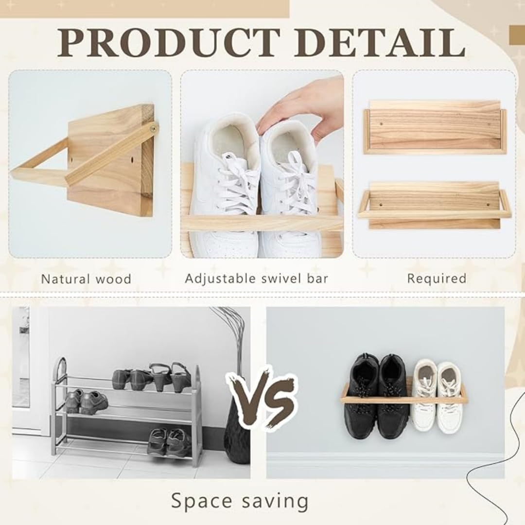 2 Pcs Wall Mounted Shoe Rack Wooden Shoe Rack Organizer Modern Compact Wall Shoe Holder for Entryway Hallway Narrow Spaces Rv Footwear Sneaker Slipper Boots Shoe Storage（15.7"） - Just Closeouts Canada Inc.