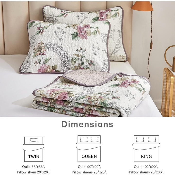 2 Pieces Twin Size Quilt Set, Beige Floral Reversible Bedspread Coverlet Set, Soft Microfiber Lightweight Bed Cover for Kids (68" x 86", 1 Quilt+ 1 Pillow Sham) - Just Closeouts Canada Inc.