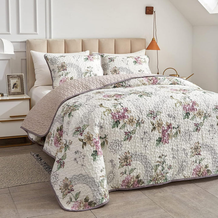 2 Pieces Twin Size Quilt Set, Beige Floral Reversible Bedspread Coverlet Set, Soft Microfiber Lightweight Bed Cover for Kids (68" x 86", 1 Quilt+ 1 Pillow Sham) - Just Closeouts Canada Inc.