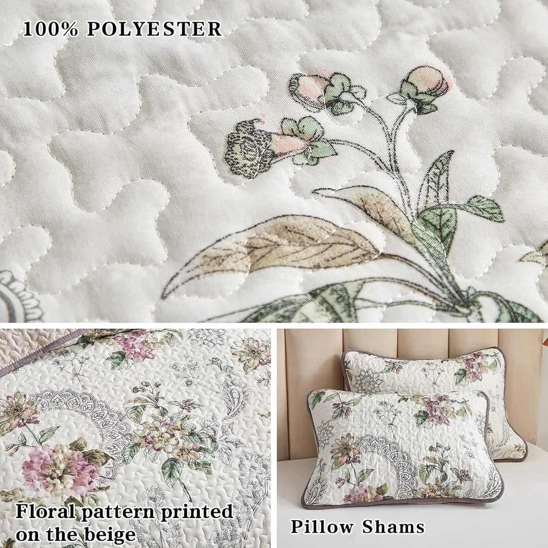 2 Pieces Twin Size Quilt Set, Beige Floral Reversible Bedspread Coverlet Set, Soft Microfiber Lightweight Bed Cover for Kids (68" x 86", 1 Quilt+ 1 Pillow Sham) - Just Closeouts Canada Inc.