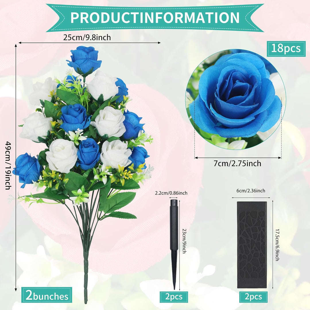 2 Sets Artificial Cemetery Flowers,Artificial Cemetery Flowers with Vase,Memorial Flowers,Artificial Rose Bouquet Graveyard Memorial Flowers for Cemetery Headstones Decoration (Dark Blue and white) - Just Closeouts Canada Inc.