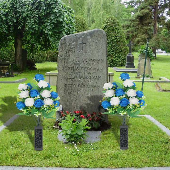 2 Sets Artificial Cemetery Flowers,Artificial Cemetery Flowers with Vase,Memorial Flowers,Artificial Rose Bouquet Graveyard Memorial Flowers for Cemetery Headstones Decoration (Dark Blue and white) - Just Closeouts Canada Inc.