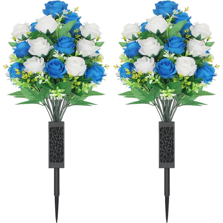 2 Sets Artificial Cemetery Flowers,Artificial Cemetery Flowers with Vase,Memorial Flowers,Artificial Rose Bouquet Graveyard Memorial Flowers for Cemetery Headstones Decoration (Dark Blue and white) - Just Closeouts Canada Inc.