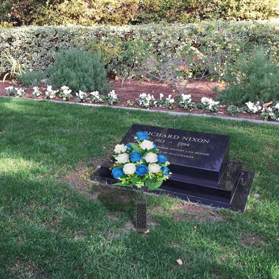 2 Sets Artificial Cemetery Flowers,Artificial Cemetery Flowers with Vase,Memorial Flowers,Artificial Rose Bouquet Graveyard Memorial Flowers for Cemetery Headstones Decoration (Dark Blue and white) - Just Closeouts Canada Inc.