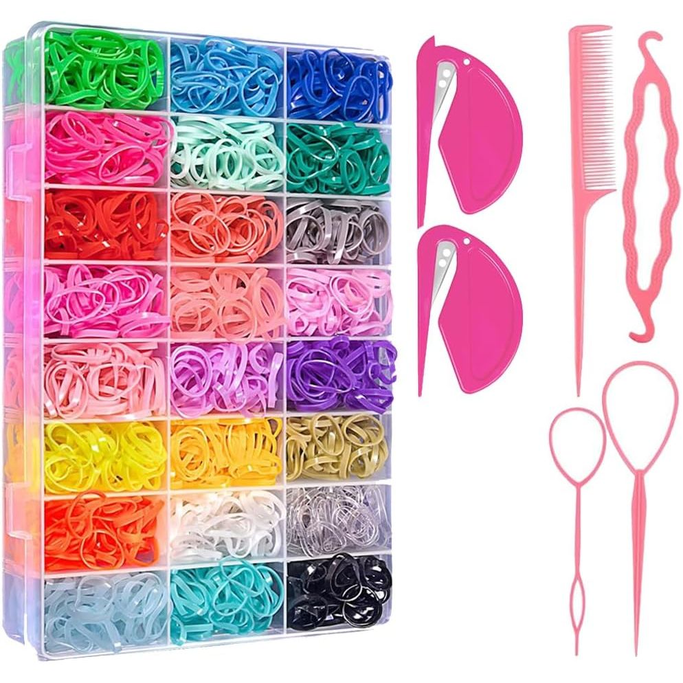 2000 pcs 24 Color Small Elastic Hair Ties Baby Bands Mixed Color Elastics Kids Colorful Rubber with Organizer Box and 6 Loop Styling Tools Stocking Stuffers for Girls Hairstyle Toddlers Accessories - Just Closeouts Canada Inc.