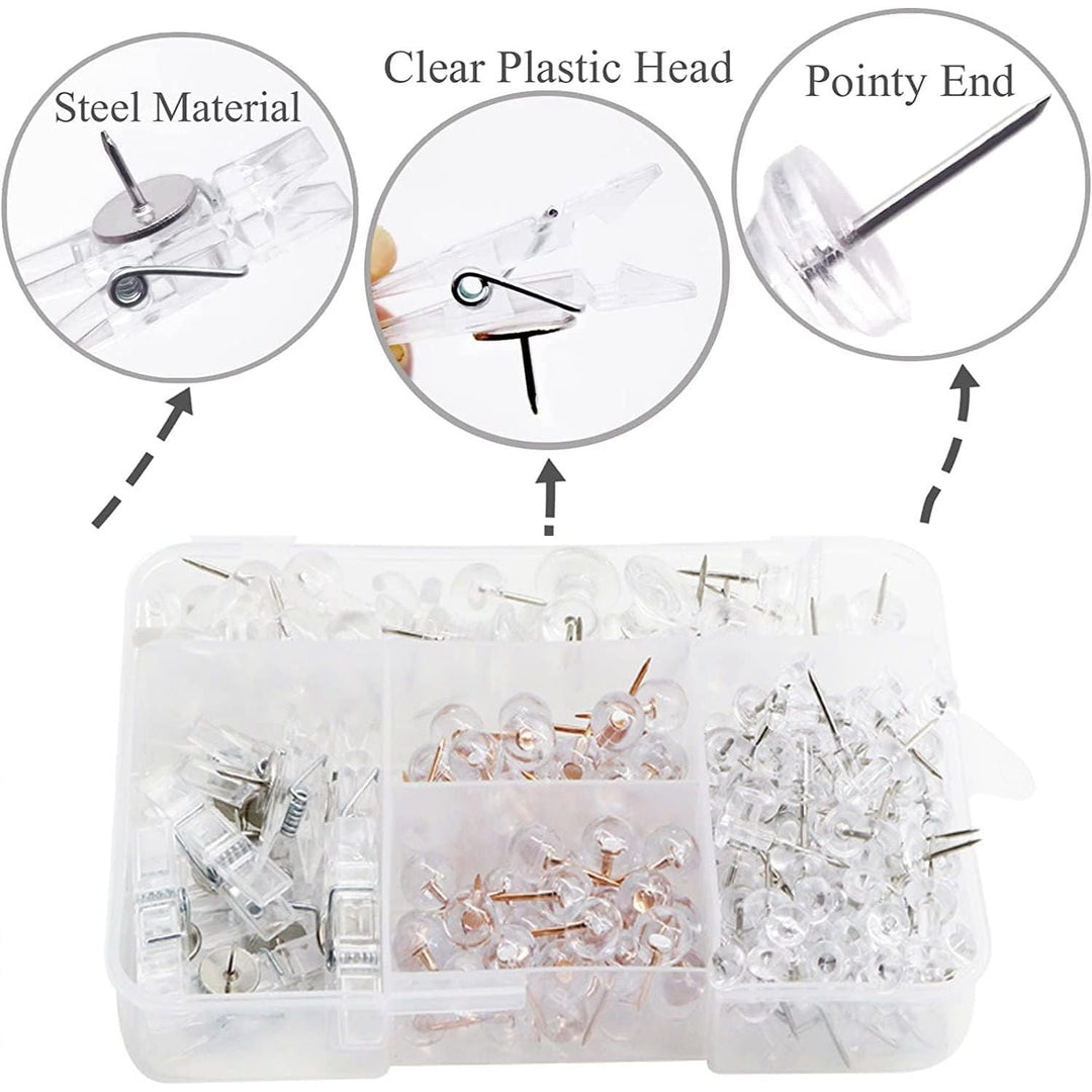 200pcs Push Pins Set, 5 Styles Clear Pushpin Clips with Stainless Steel Tips Heavy Duty Hooked Thumb Tacks, Decorative Plastic Heads Point Hook for Cork Board Foam Bulletin Board Artworks - Just Closeouts Canada Inc.