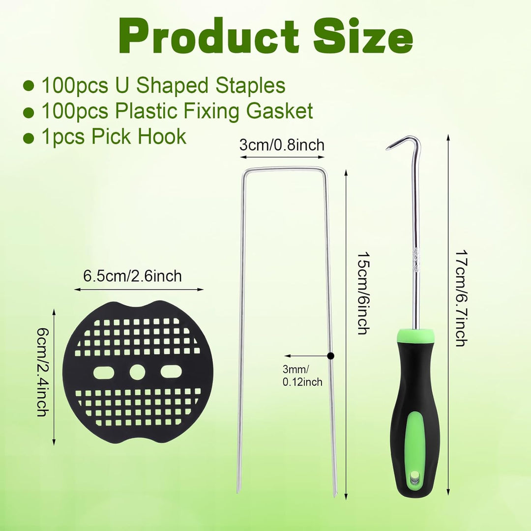201 Pcs Garden Stakes Staples Kit, 100 Pcs 6 Inch U Shaped Landscape Staples with 100 Pcs Gaskets and 1 Pcs Pick Hook, Galvanized Ground Stakes for Weed Barrier Fabric, Ground Cover, Holding Fence - Just Closeouts Canada Inc.X004YQXV99
