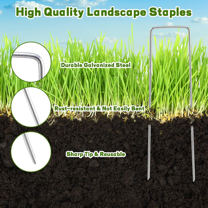 201 Pcs Garden Stakes Staples Kit, 100 Pcs 6 Inch U Shaped Landscape Staples with 100 Pcs Gaskets and 1 Pcs Pick Hook, Galvanized Ground Stakes for Weed Barrier Fabric, Ground Cover, Holding Fence - Just Closeouts Canada Inc.X004YQXV99