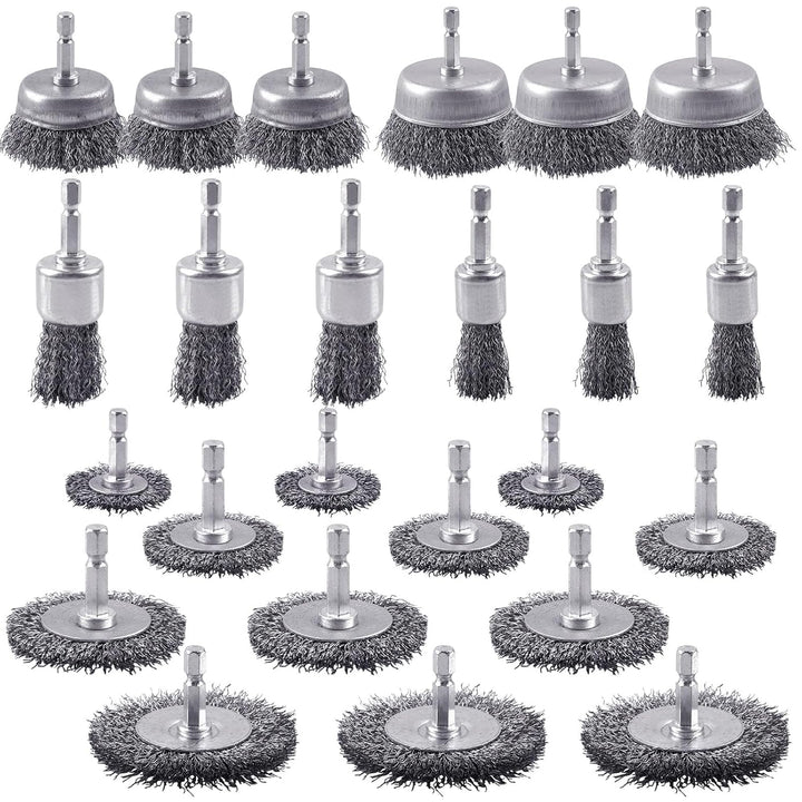 21 Pack Carbon Steel Wire Wheel Brush, Pen Brush , Wheel Brush, Cup Brush Set, with 1/4 - Inch Hex Shank, for Rust Removal, Corrosion and Scrub Surfaces - Just Closeouts Canada Inc.