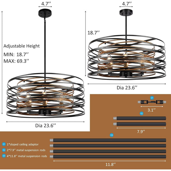 23.6'' Rustic Large Drum Chandelier, 6 Lightbulbs - Just Closeouts Canada Inc.