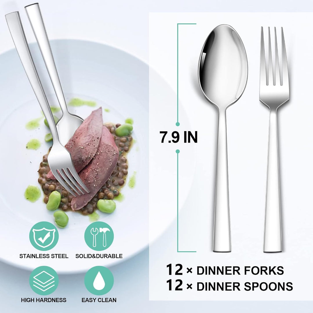 24 - Piece Spoons and Forks Set, Stainless Steel Square 12 Dinner Forks and 12 Dinner Spoons, Modern Metal Silverware Flatware Cutlery for Kitchen and Restaurant, Dishwasher Safe - 7.9 Inch - Just Closeouts Canada Inc.
