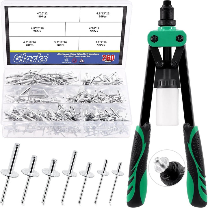 261Pcs Rivet Gun with Large Flange Pop Rivets Set 13" Heavy Duty Handle Riveter and 260Pcs 7 Sizes Aluminum Large Flange Blind Rivets Assortment Kit for Metal, Automotive, Boat - Just Closeouts Canada Inc.X003A09KIB
