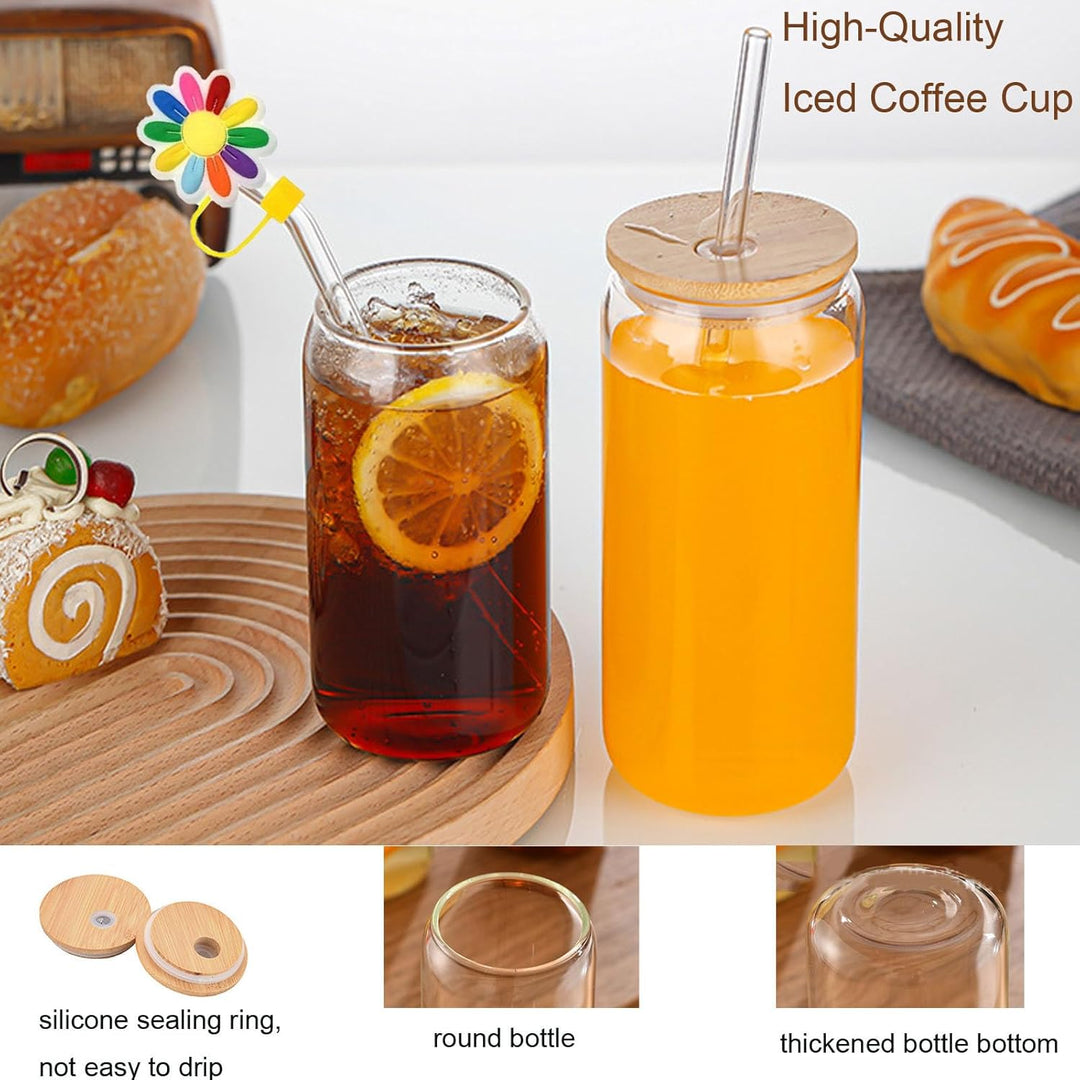 2PCS Glass Cups with Bamboo Lids and Straws, 16OZ Ice Coffee Cup, Drinking Cup Set with Wooden Lids and Straw Cover, Home Essential Glass Tumblers for Beer, Latte Clear, Boba Tea and Soda - Just Closeouts Canada Inc.