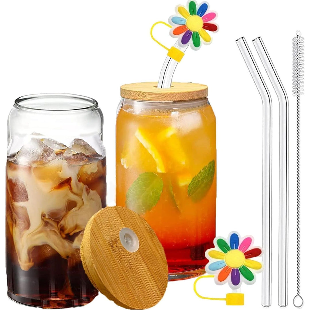2PCS Glass Cups with Bamboo Lids and Straws, 16OZ Ice Coffee Cup, Drinking Cup Set with Wooden Lids and Straw Cover, Home Essential Glass Tumblers for Beer, Latte Clear, Boba Tea and Soda - Just Closeouts Canada Inc.