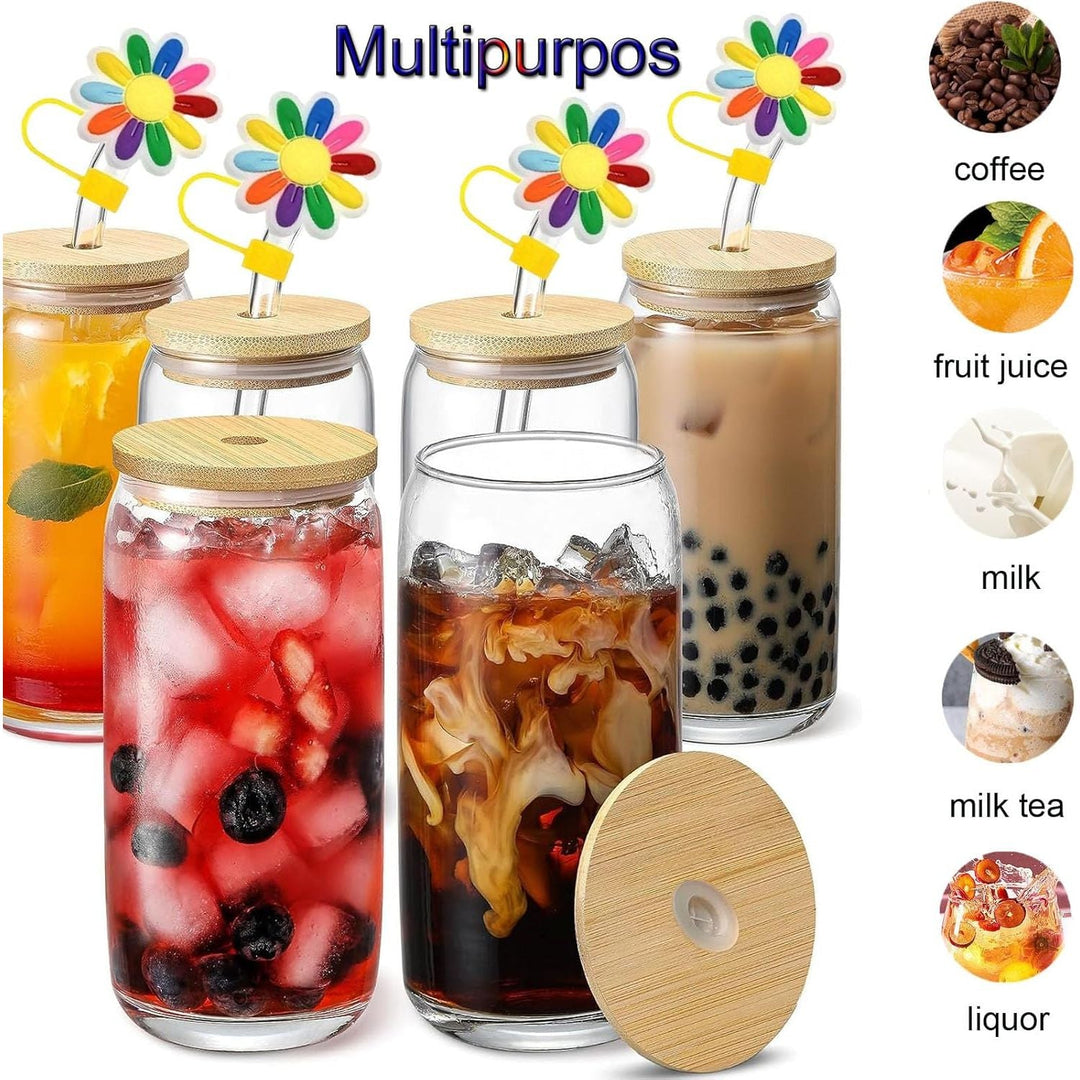 2PCS Glass Cups with Bamboo Lids and Straws, 16OZ Ice Coffee Cup, Drinking Cup Set with Wooden Lids and Straw Cover, Home Essential Glass Tumblers for Beer, Latte Clear, Boba Tea and Soda - Just Closeouts Canada Inc.
