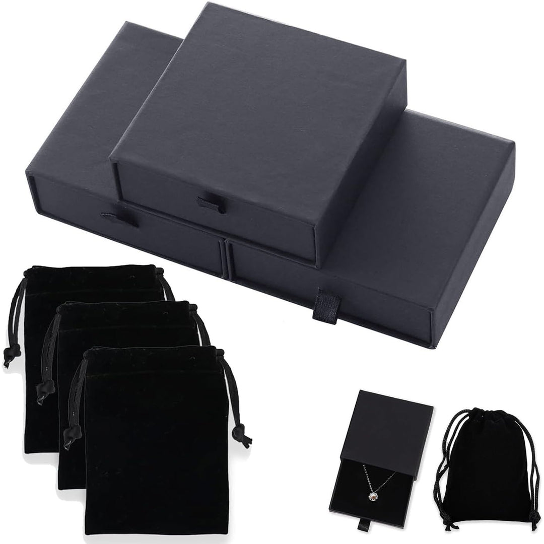 3 Black Jewelry Drawer Gift Boxes with 3 Velvet Pouches - Just Closeouts Canada Inc.