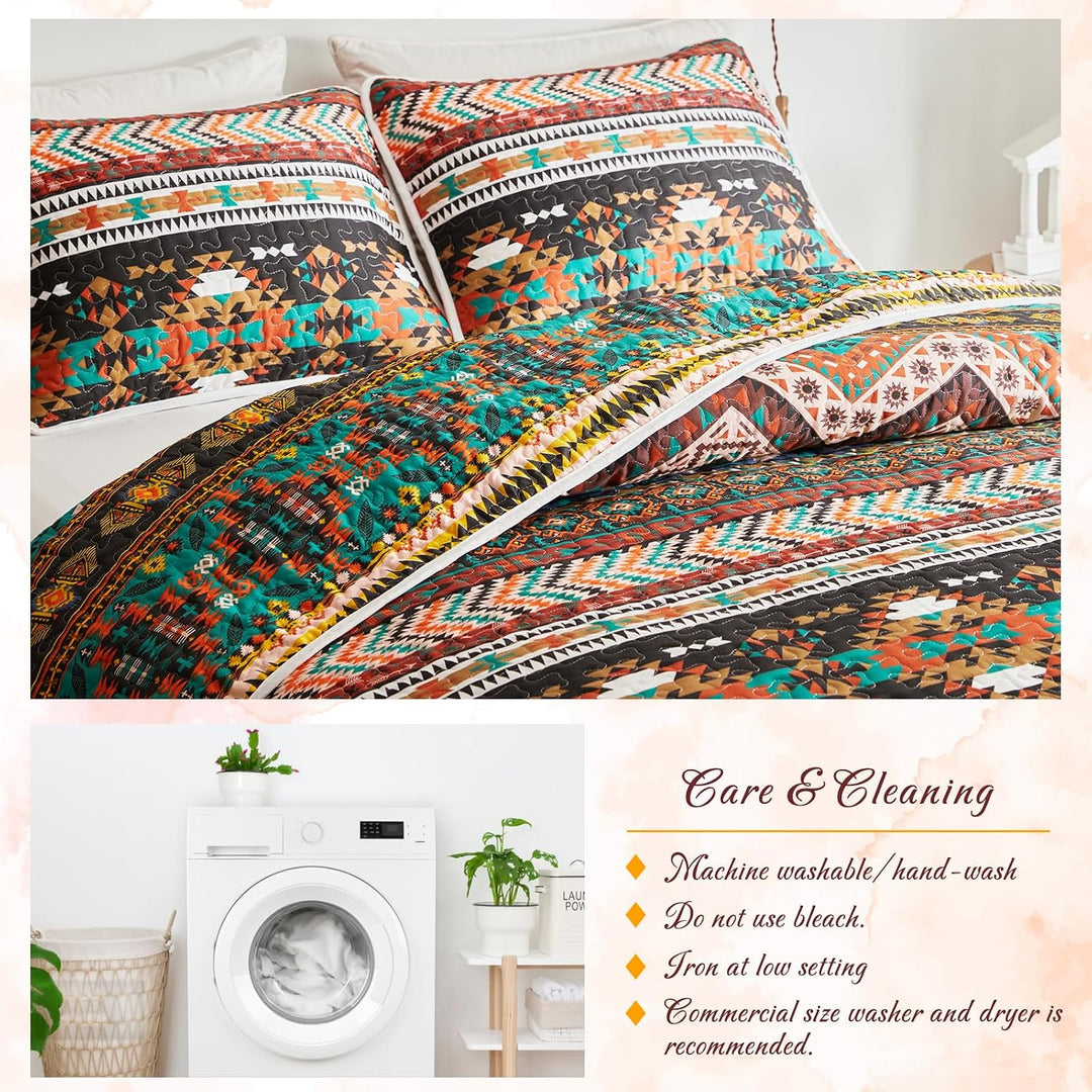 3 Pieces Colorful Bohemian Quilt Set Full Queen Size, Brown Boho Striped Printed Bedding Bedspread Coverlet Set for Summer, Soft Lightweight Microfiber Quilt with 2 Shams (88x88 inces) - Just Closeouts Canada Inc.