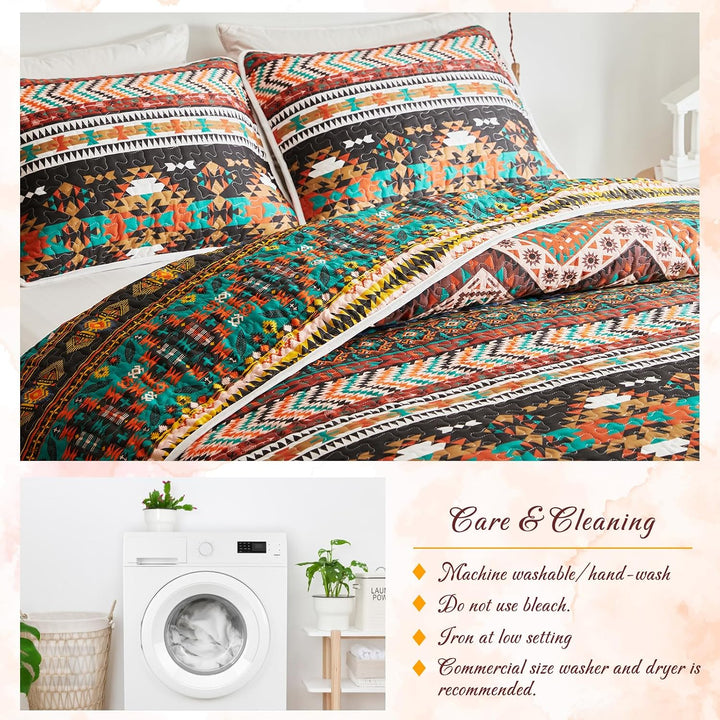 3 Pieces Colorful Bohemian Quilt Set Full Queen Size, Brown Boho Striped Printed Bedding Bedspread Coverlet Set for Summer, Soft Lightweight Microfiber Quilt with 2 Shams (88x88 inces) - Just Closeouts Canada Inc.
