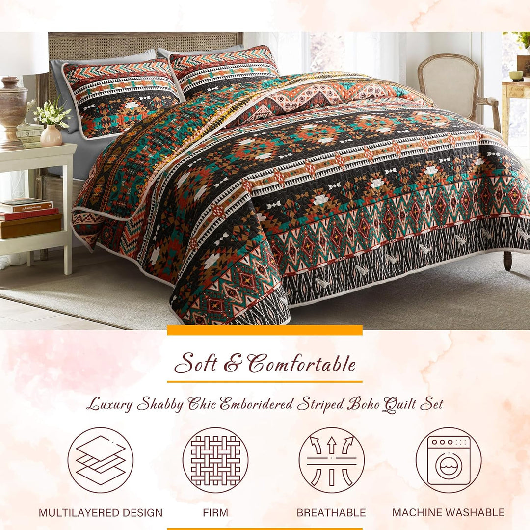 3 Pieces Colorful Bohemian Quilt Set Full Queen Size, Brown Boho Striped Printed Bedding Bedspread Coverlet Set for Summer, Soft Lightweight Microfiber Quilt with 2 Shams (88x88 inces) - Just Closeouts Canada Inc.