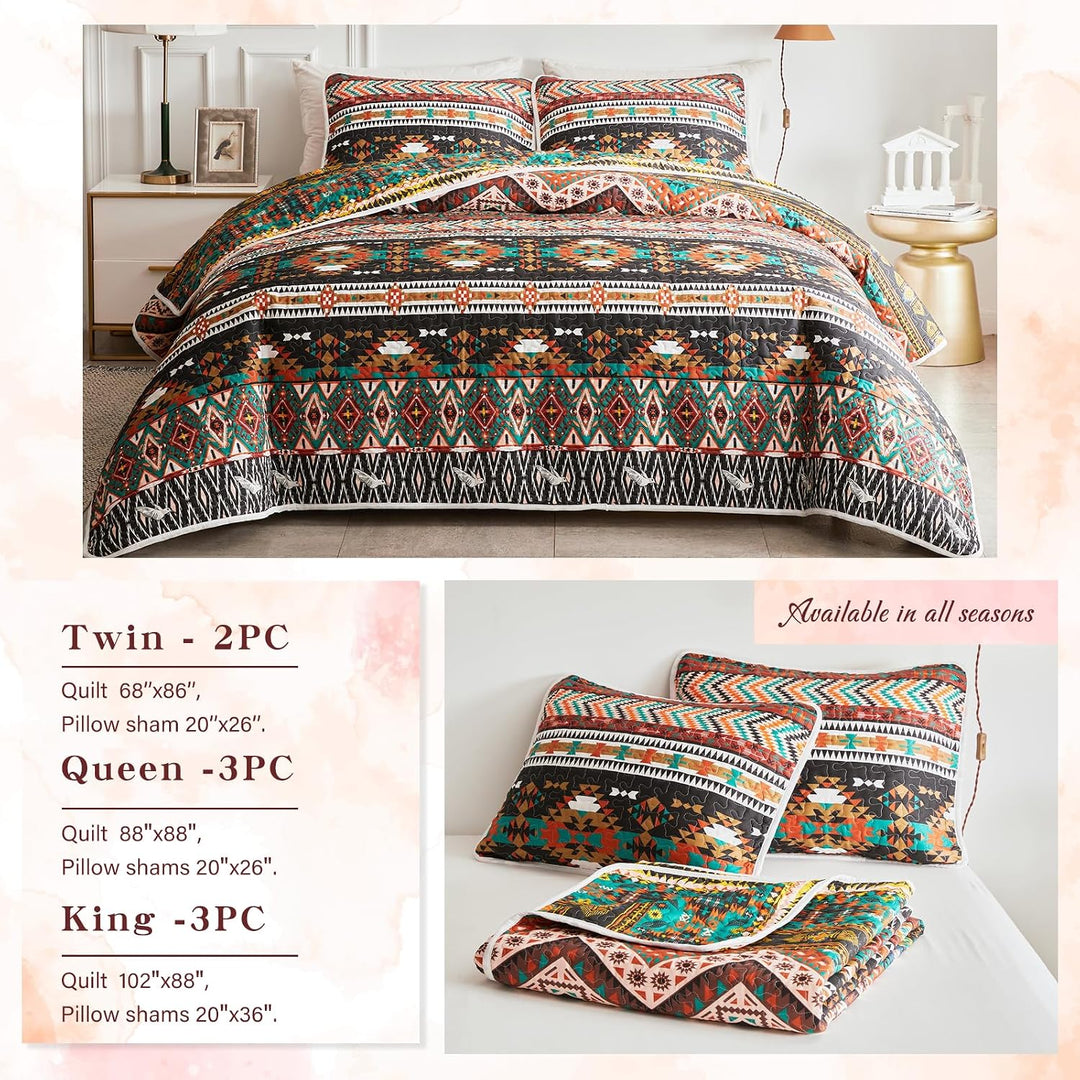 3 Pieces Colorful Bohemian Quilt Set Full Queen Size, Brown Boho Striped Printed Bedding Bedspread Coverlet Set for Summer, Soft Lightweight Microfiber Quilt with 2 Shams (88x88 inces) - Just Closeouts Canada Inc.