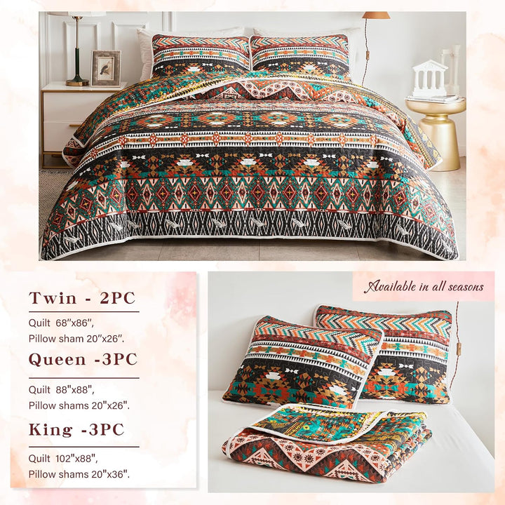 3 Pieces Colorful Bohemian Quilt Set Full Queen Size, Brown Boho Striped Printed Bedding Bedspread Coverlet Set for Summer, Soft Lightweight Microfiber Quilt with 2 Shams (88x88 inces) - Just Closeouts Canada Inc.