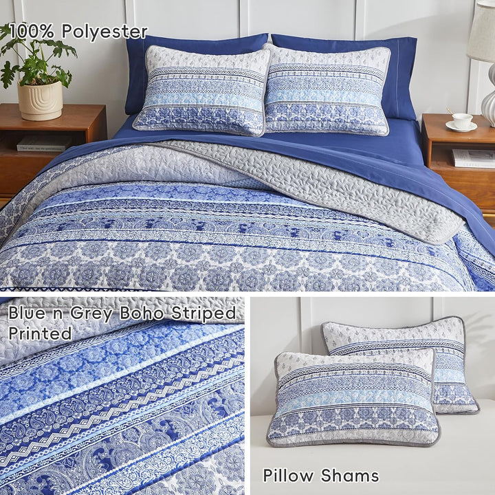 3 Pieces Colorful Bohemian Quilt Set King Size, Blue n Grey Boho Striped Printed Bedding Bedspread Coverlet Set for Summer, Soft Lightweight Microfiber Quilt with 2 Shams (102x88 inces) - Just Closeouts Canada Inc.