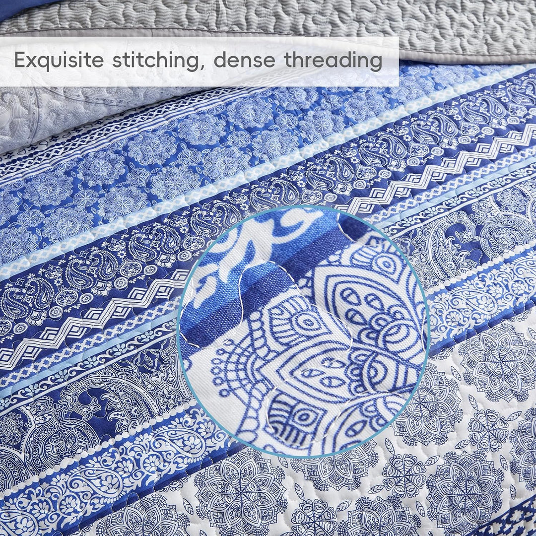 3 Pieces Colorful Bohemian Quilt Set King Size, Blue n Grey Boho Striped Printed Bedding Bedspread Coverlet Set for Summer, Soft Lightweight Microfiber Quilt with 2 Shams (102x88 inces) - Just Closeouts Canada Inc.