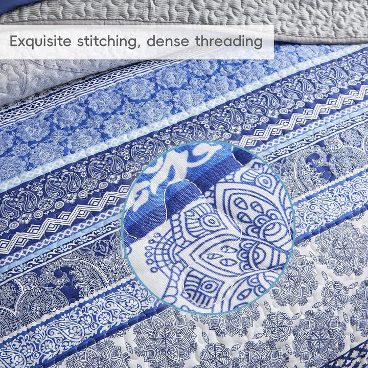 3 Pieces Colorful Bohemian Quilt Set King Size, Blue n Grey Boho Striped Printed Bedding Bedspread Coverlet Set for Summer, Soft Lightweight Microfiber Quilt with 2 Shams (102x88 inces) - Just Closeouts Canada Inc.