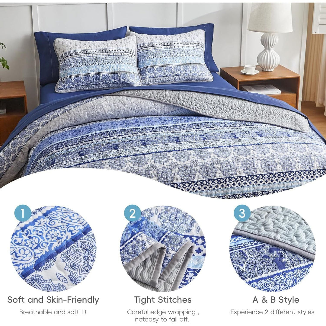 3 Pieces Colorful Bohemian Quilt Set King Size, Blue n Grey Boho Striped Printed Bedding Bedspread Coverlet Set for Summer, Soft Lightweight Microfiber Quilt with 2 Shams (102x88 inces) - Just Closeouts Canada Inc.