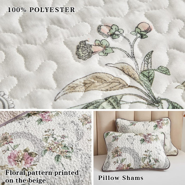 3 Pieces Full/Queen Size Quilt Set, Beige Floral Reversible Bedspread Coverlet Set, Soft Microfiber Lightweight Bed Cover for All Season (90" x 90", 1 Quilt+ 2 Pillow Shams) - Just Closeouts Canada Inc.