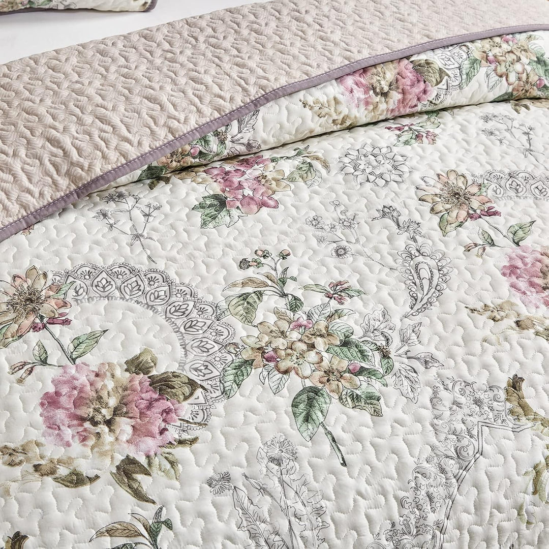 3 Pieces Full/Queen Size Quilt Set, Beige Floral Reversible Bedspread Coverlet Set, Soft Microfiber Lightweight Bed Cover for All Season (90" x 90", 1 Quilt+ 2 Pillow Shams) - Just Closeouts Canada Inc.