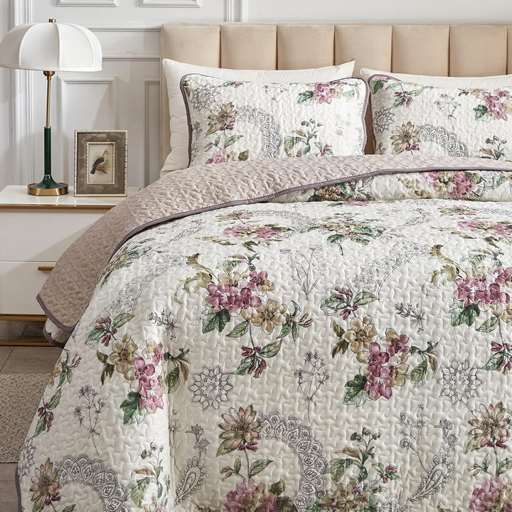 3 Pieces Full/Queen Size Quilt Set, Beige Floral Reversible Bedspread Coverlet Set, Soft Microfiber Lightweight Bed Cover for All Season (90" x 90", 1 Quilt+ 2 Pillow Shams) - Just Closeouts Canada Inc.