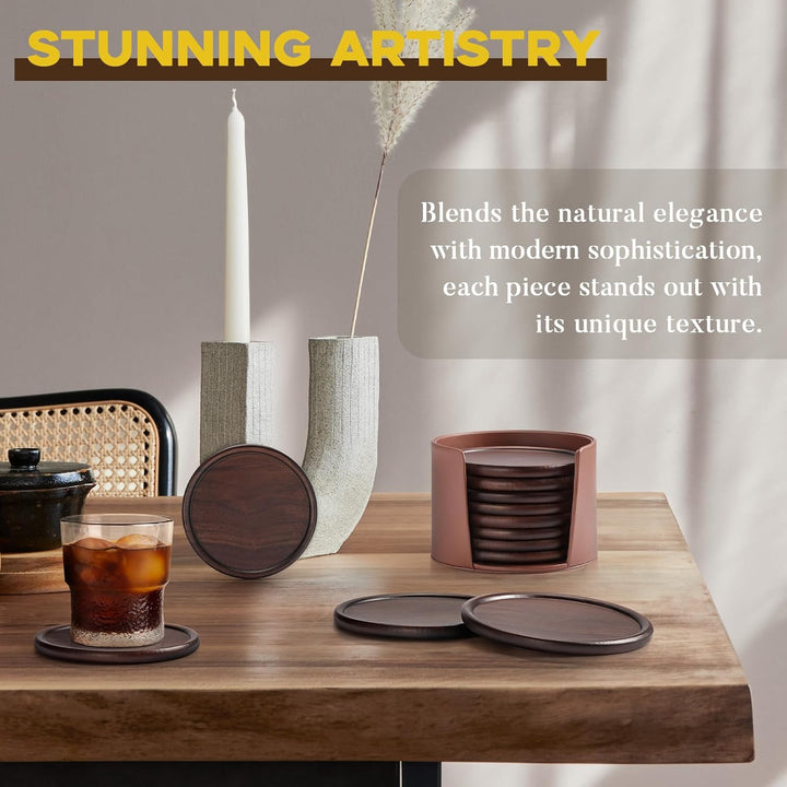 3 Wood Coasters with Leather Holder, GOH DODD Set of 8 Wooden Coaster Set for Drinks Desk Coffee Table Home Kitchen Office Bar, Tabletop Protection Living Room Decor, 4 Inch - Just Closeouts Canada Inc.